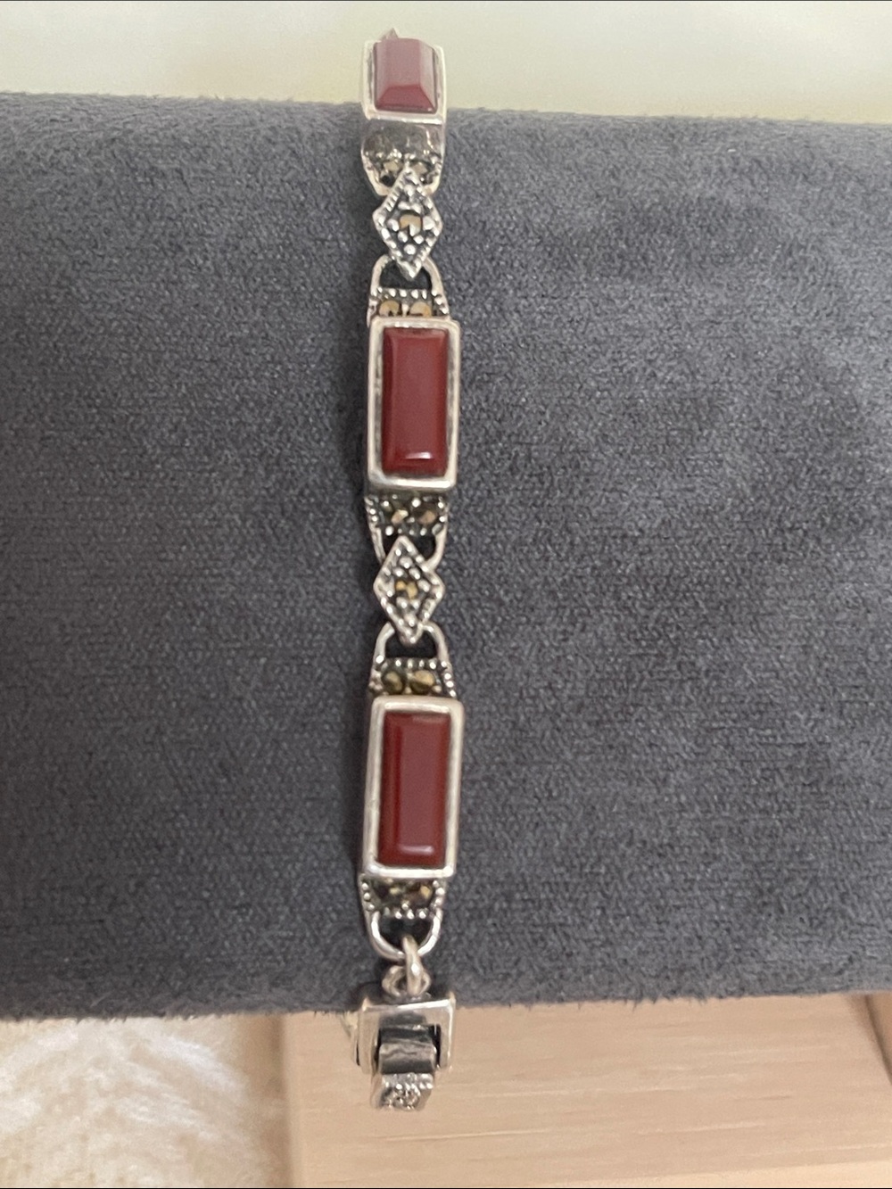 Vintage Art Deco Sterling Silver, Marcasite and Carnelian Glass Bracelet - 7"